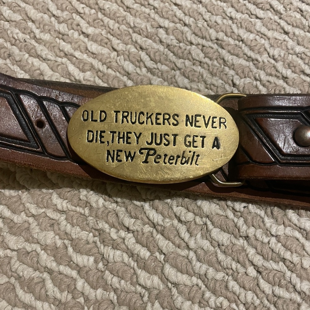 Brass Buckle Brown Leather Belt - 'Old Truckers Never Die'